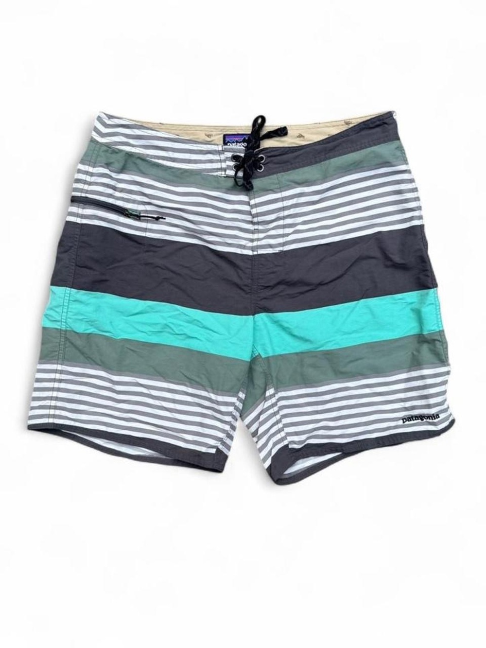 Patagonia Men's Teal, Gray & White Striped Board Shorts